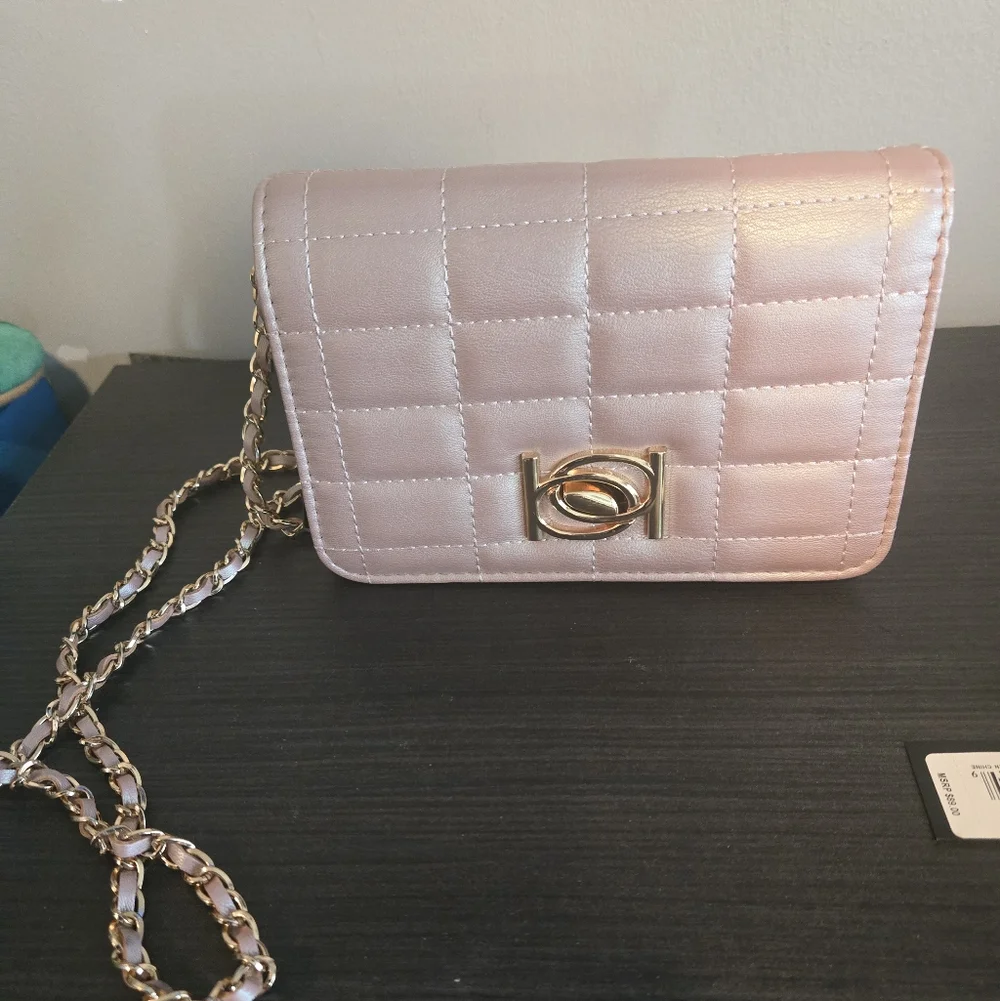 Bebe Jacari Crossbody Bag Iridescent Mauve Quilted Gold Chain⁸look